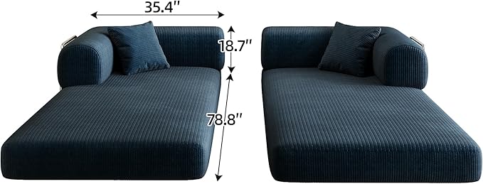 79" Convertible Sofa Bed, Corduroy Folding Pull Out Couch with Pillows, No Assembly Modern Boneless Couch Compression Sofa in Box, Floor Sofa with Support Rods for Living Room,Blue