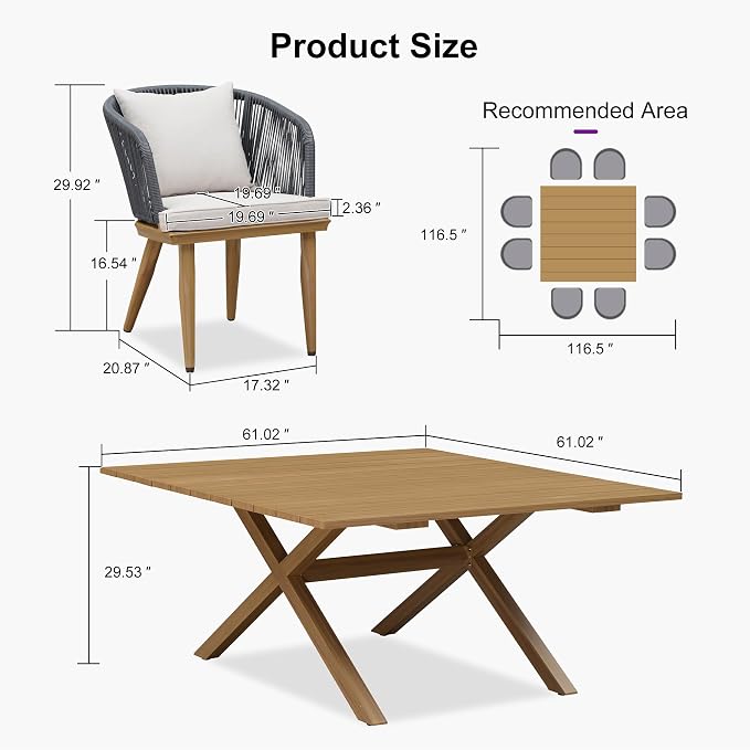 PURPLE LEAF 9 Pieces Outdoor Metal Furniture Set Patio Conversation Sets Wood Pattern Dining Set, 1 Dining Table and 8 Modern Chairs with Cushions Seat - Image 8
