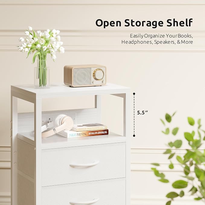 Lazzanto NightStand Bedside Charging Table Bedroom - Night Stand with Charger Station, White Modern Bed Side End Table with Open Shelf & 2 Fabric Drawers, USB-C Port & AC Outlets for Dorm, Living Room - Image 7