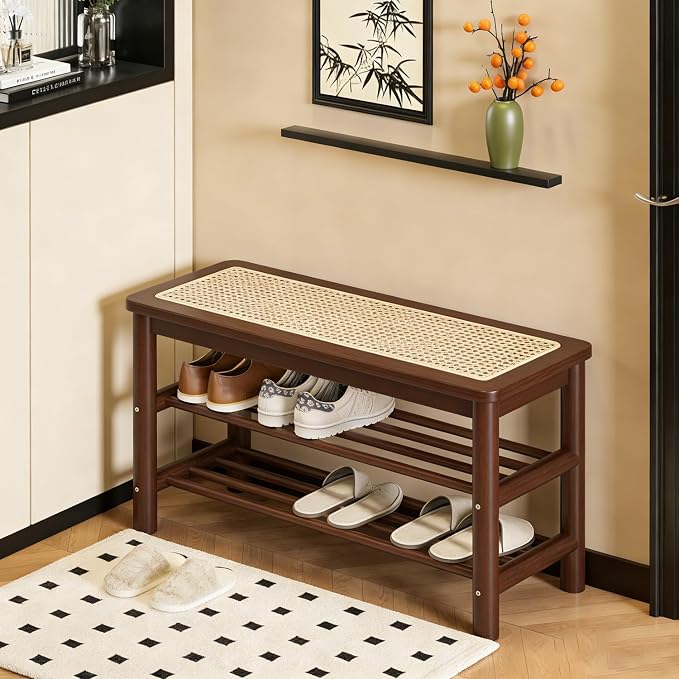 latifolia Shoe Rack Bench, 3-Tier Bamboo Shoe Bench with Breathable Rattan Seat Cushion, Shoe Storage Rack for Entryway(Walnut,23.62''L) - Image 3