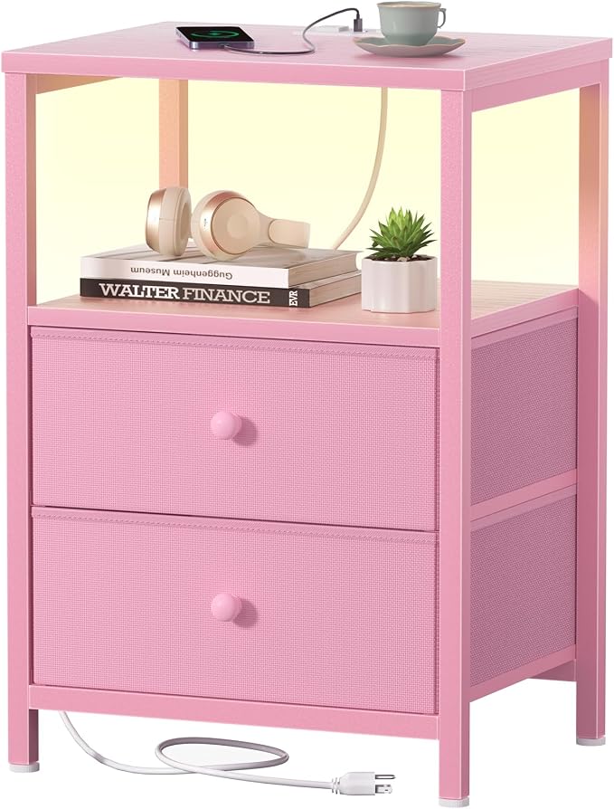 BOLUO Pink Nightstand with Charging Station, LED Night Stand with 2 Fabric Drawers, Bedside Table with USB Ports and Outlets, Nightstand for Bedroom Modern by BOLUO