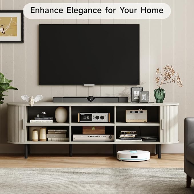 ONBRILL 70.8" TV Stand with Power Outlet for TVs up to 75 Inch, Entertainment Center with Storage and Adjustable Shelves, Modern Media Console with Sliding Doors for Living Room, Natural White - Image 3