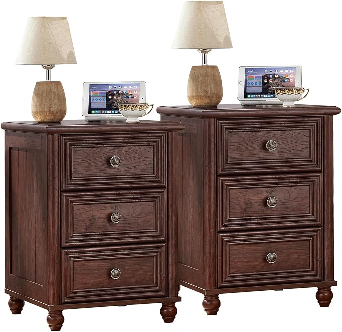 RWYHG 18" Farmhouse Night Stand, Walnut Wood Nightstand with 3 Drawers, Bedside End Table with Storage and Roman Column, Bed Side Tables Cabinet for Bedroom, Living Room, and Closet - Image 8