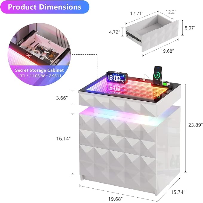 Dystler Night Stand with Charging Station and RGB Lights, LED Nightstand with Tempered Glass and Sliding Top, 3 Drawers Bedside Table with Hidden Storage, Lockable End Side Table for Bedroom, 2 White - Image 2