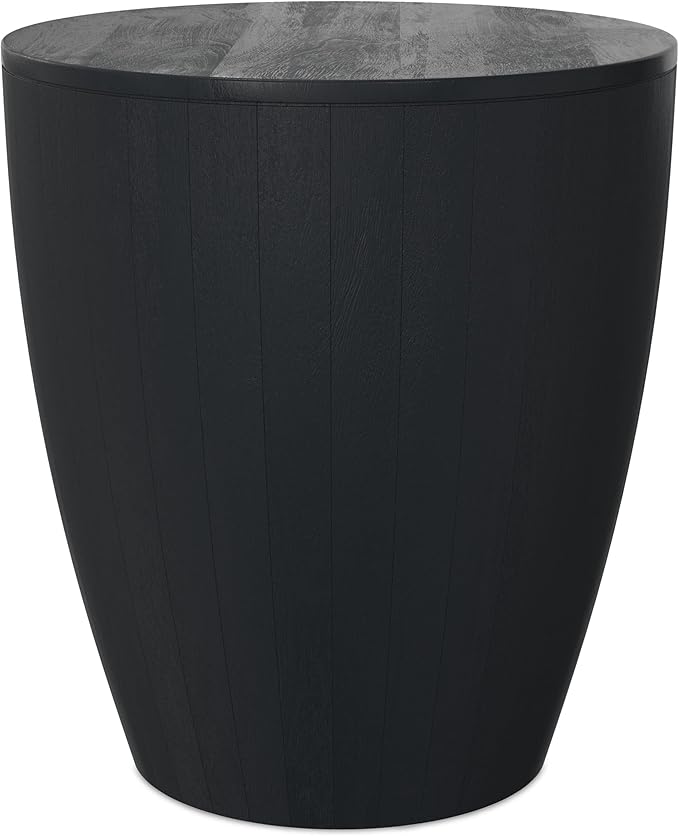 SIMPLIHOME Elmbrook End Table - 21 inch Wide Solid Mango Wood Round Drum Table with Vertical Panel Detailing in Black, Modern Nightstand or Plant Stand for Living Room or Bedroom, Assembled