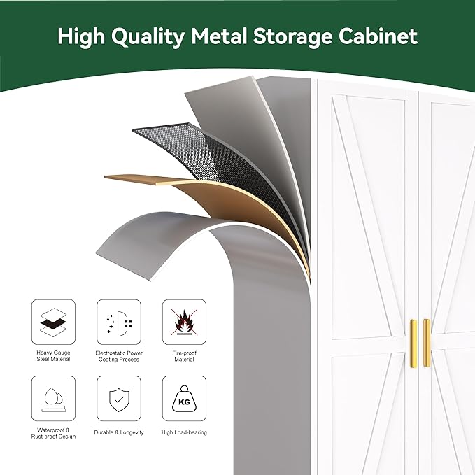 Metal Wardrobe Closet with Doors and Shelves, 71" Farmhouse Bedroom Armoire with Hanger Rod and Clothing Shelf, White Steel Wardrobe Cabinet Storage Clothes Closet