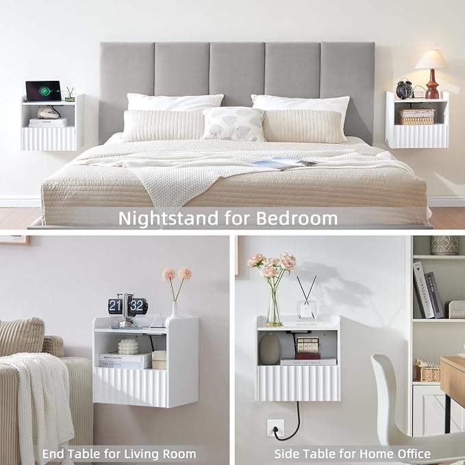 BuildHom Modern Fluted Floating Nightstand Wall Mounted Set of 2- Bedside Table with Storage Drawer & Display Shelf, Minimalist Bedroom Furniture for Studio Apartments (Matte White) - Image 6