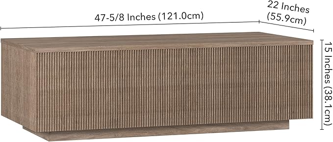Henn&Hart 48" Fluted Rectangular Low-Profile Coffee Table with Ribbed Sides for Living Room, Family Room, or Office, Weathered Gray