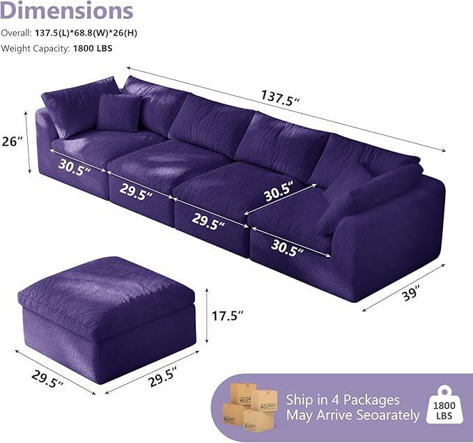 138" Modular Sectional Sofa Boneless Cloud Couch for Living Room, U Shape Deep Seat Recliner Sofa with Ottoman, Adjustable Backrest & 2 Throw Pillows - Covers Washable, (Purple, 4 Seater+2 Ottoman)