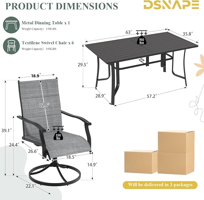 7 Pieces Patio Table and Chairs Set, 63" Metal Dining Table with Umbrella Hole, 6 High Back Textilene Swivel Chairs, Dining Table Set for 6, Outdoor Furniture for Porch Deck Yard Balcony, Grey - Image 2