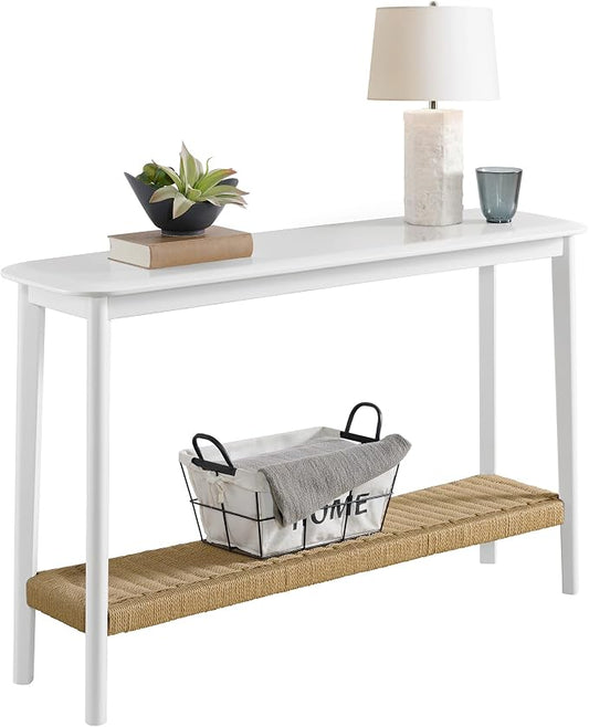 Alaterre Furniture Calais 48 Inch Wooden Console Table with Woven Storage Shelf – Mid Century Modern 2-Tier Entryway or Sofa Table for Living Room, Hallway, or Foyer (White) by AlaterreFurniture