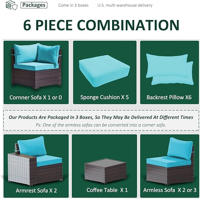 6 PCS Outdoor Patio Furniture Set,Outdoor Sectional Furniture All Weather PE Rattan Wicker Patio Conversation Set with Coffee Table and 5 Thickened Cushions,Turquoise Blue