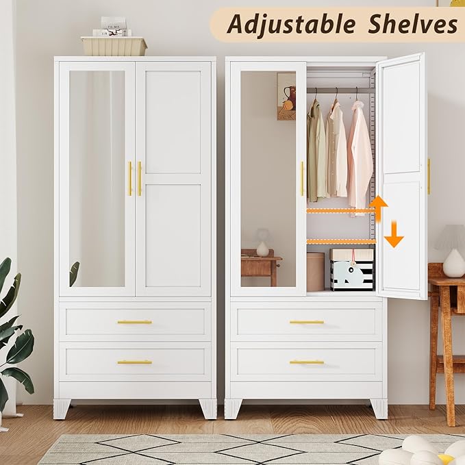 Metal Wardrobe Storage Cabinet with Mirror and Hanging Rod,71'' Metal Clothing Cabinet with 2 Doors and 2 Drawers and Adjustable Shelves for Bedroom, Laundry Room, Cloak Room (White)