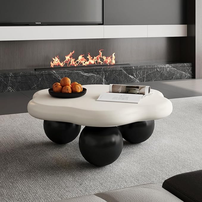 35" Cloud Coffee Table with 3 Ball Legs, Modern Minimalist Petal Center Table for Living Room, Low Cute Small MDF Tea Table for Bedroom, Small Space Apartment-White Black