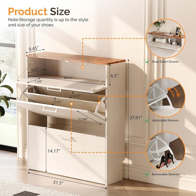 VINGLI Set of 2 Rustic White Shoe Cabinet for Entryway, 2-Pack 31.5" W Extra Wide Slim Shoe Organizer with Vintage Brown Top, Modern Farmhouse Wood Shoes Rack, Narrow Freestanding Cabinet for Hallway - Image 2