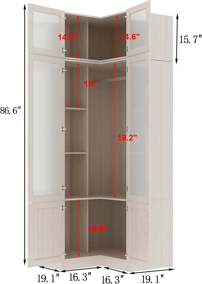 L-Shape Wardrobe Armoire Closet with Hanging Rod & Shelf, Bedroom Armoire with Frosted Glass Doors, Top Cabinets & Gold Knobs, Wood Grain, 35.4”D x 35.4”W x 86.6”H