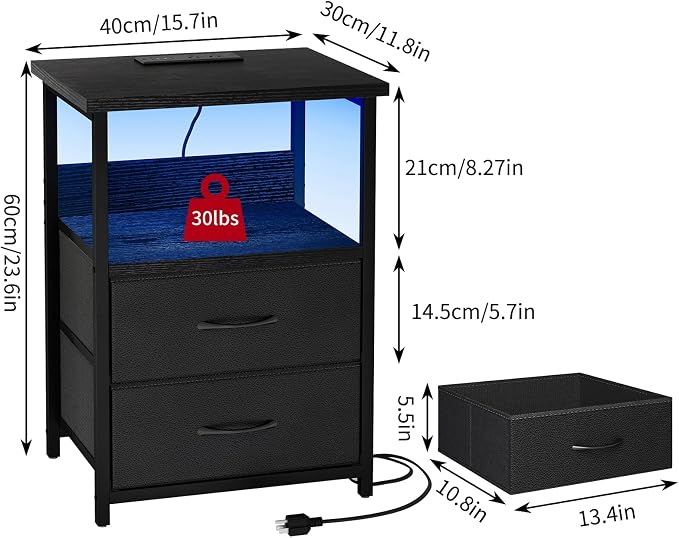 Fixwal Nightstand Set of 2 Night Stand with Charging Station, LED Nightstand with Fabric Drawers, End Table with PU Finish, Bed Side Table, Black - Image 3