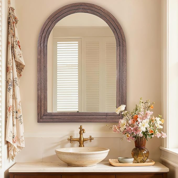 40"x30" Arched Wooden Frame Wall Mirror, Rustic Vanity Wall Mirror for Bathroom, Bedroom, Brown - Image 3