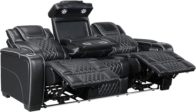 Lexicon Power Double Reclining Sofa, Center Drop-Down Table with Heat/Massage/Headrest/Storage Arms/Cup Holders/LED Lights/Wireless Charging, Top Grain Leather Match Wall Hugger Recliner Sofa, Black