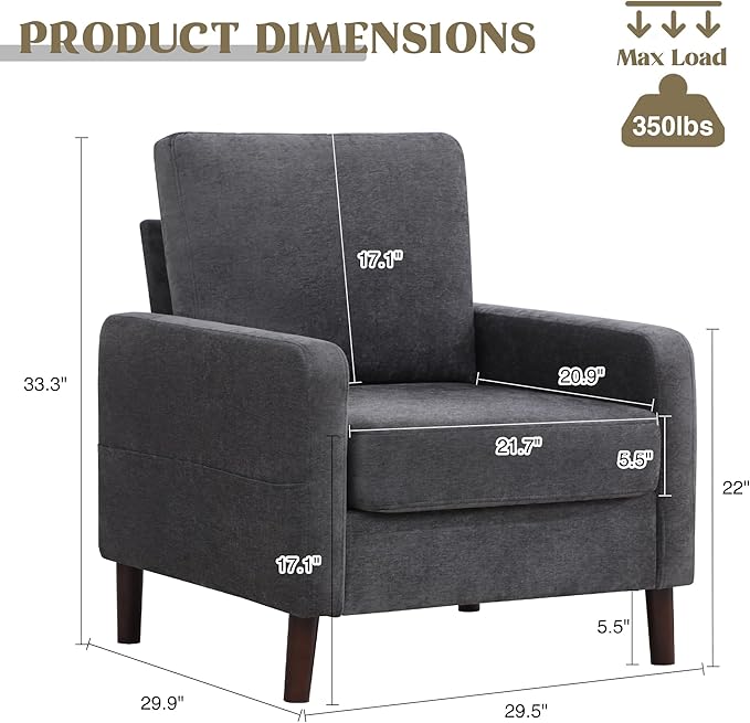 Accent Chair for Living Room, Modern Reading Chair for Bedroom, Upholstered Armchair with Wood Legs and Side Pockets, Single Sofa Side Chair for Office, Small Room, Apartment, Dark Grey