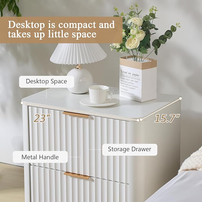 Fluted Nightstand with Charging Station, 23" Night Stands with 2 Drawers, Wood End Table with Storage, White Bedside Table for Bedroom - Image 5