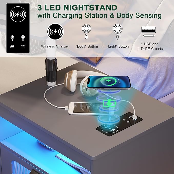 HNEBC LED Nightstand Set of 2 with Charging Station & Adjustable Overbed Desk, 3 Color LED Lights & Body Sensor, Mobile Bedside Table with Wheels, 2 Drawers & Open Shelf for Bedroom(Grey) - Image 5