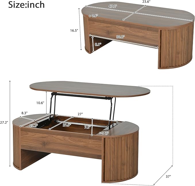 Oval Coffee Table with Lifting Top for Living Room Smart Coffee Table with Storage Mid Century Modern Coffee Tables with Adjustable Lift Top Coffee Tables Fluted Walnut 47.2"