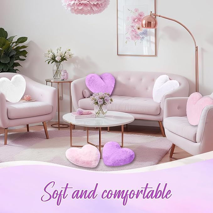 Liliful 6 Pcs Faux Rabbit Fur Heart Pillows Fluffy Heart Throw Pillows Cute Couch Cushion Soft Decorative Throw Cushion for Bed Sofa Girls Women(12 x 11 Inch,Stylish Color)