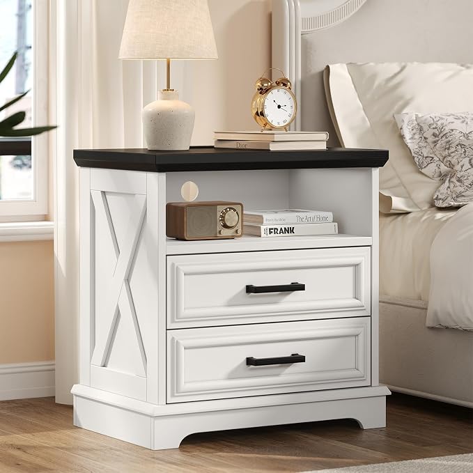 knoworld 24 Inch Wide Farmhouse Nightstands with Charging Station, White Nightstand with 2 Large Drawers, Rustic Wood End Table for Bedroom by KNOWORLD