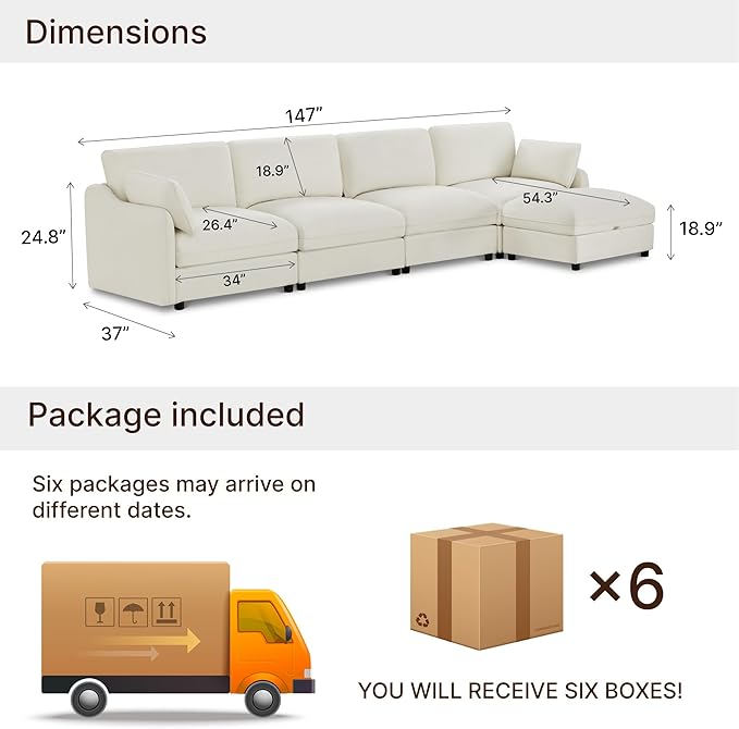 147" Cloud Sectional Couches for Living Room,L Shaped Oversized Modular Modern Linen Sofa with 1 Movable Ottoman,5 Deep Seat with 2 Throw Pillows,Warm White