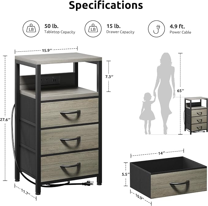 Lazzanto NightStand Bedside Charging Table Bedroom - Night Stand with Charger Station, Modern Nightstand with Open Shelf & 3 Fabric Drawers, End Table with USB-C USB Ports & AC Outlets for Dorm, Grey - Image 3