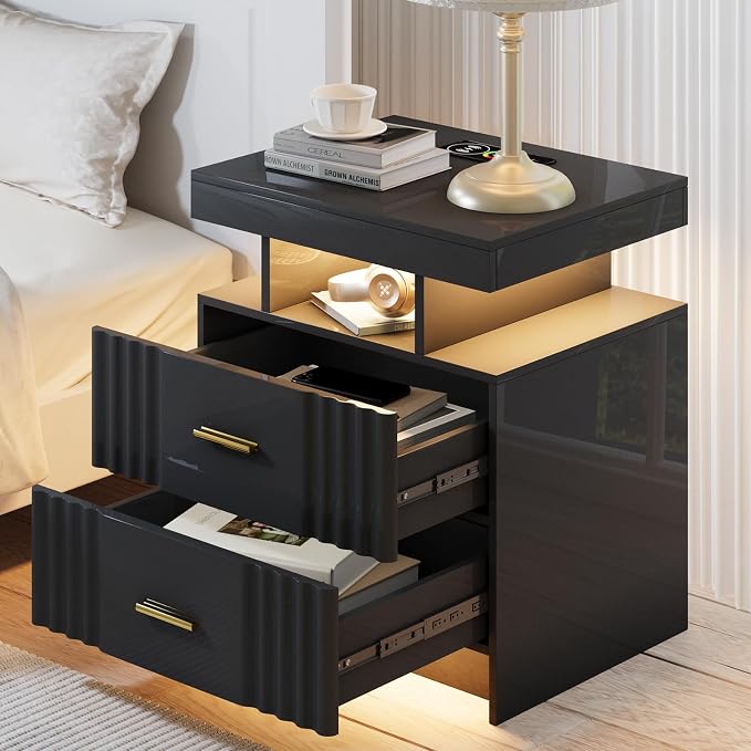 Nightstand with Wireless Charging Station, Bedroom Bedside Table with RGB Lights, Smart Night Stand with 2 Drawers, Bedside Tables Modern Bedside Table for Bedroom, Living Room(Black) by MDGC