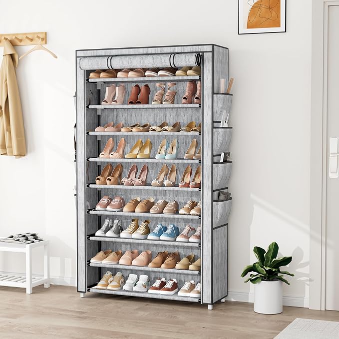 Shoe Rack with Cover, 10 Tier Shoe Organizer Storage for 40-50 Pairs Sneaker and Boots, Large Capacity, with 8 Pockets, Free Standing Tall Shoe Rack for Front Door Entrance, Closet, Printing - Image 2