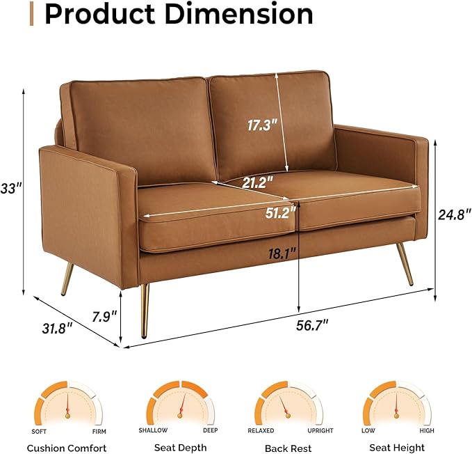 VINGLI 56" Modern PU Leather Loveseat,Small Sofa Couch Deep Seat for Living Room,2-Seater Loveseat Sofa for Bedroom,Apartment,Office,Dorm,Small Space,Cognac