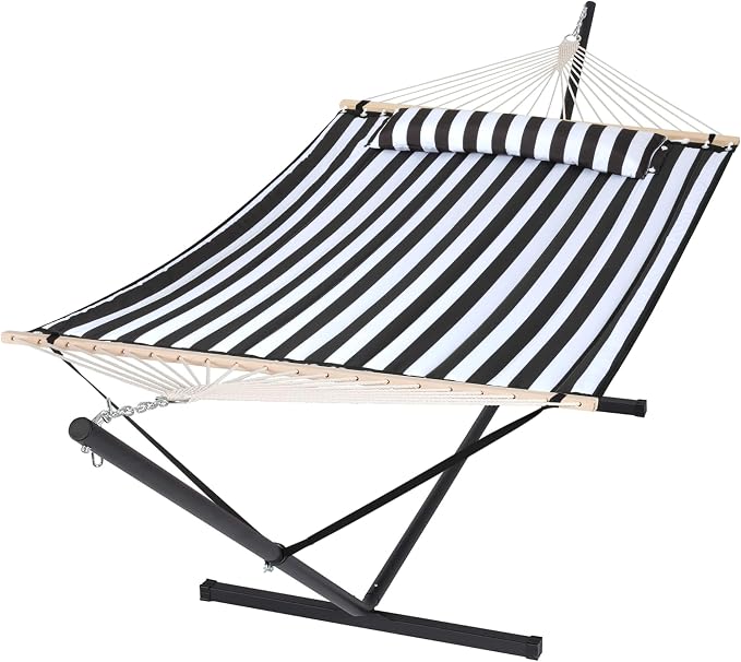 SUNCREAT Two Person Hammock with 12ft Stand Included, Max 475lbs Capacity, Heavy Duty Free Standing Hammock, Black Stripes by SUNCREAT