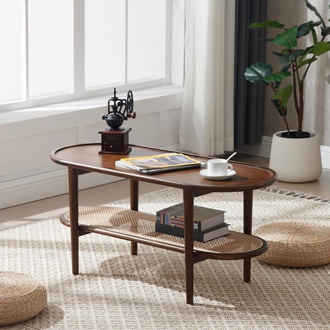 Walnut Rattan Coffee Table, 39.5" Oval Center Table with Storage Shelf, Modern 2-Tier Wood Side Table for Bedroom Small Space