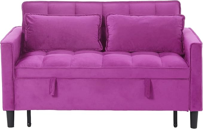 3 in 1 Convertible Sofa Bed, Love Seat Sleeper Bed with Side Pockets, Velvet Fabric Pull Out Couch with Adjustable Backrest for Living Room, Bedroom, Apartment, Deep Pink
