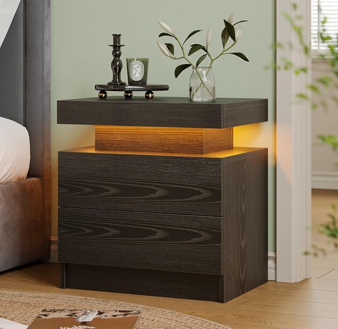 LED Nightstand with 2 Drawers,Modern Nightstand for Bedroom,Black Night Stand with LED Lights, LED Bedside Tables for Bedroom by Unknown