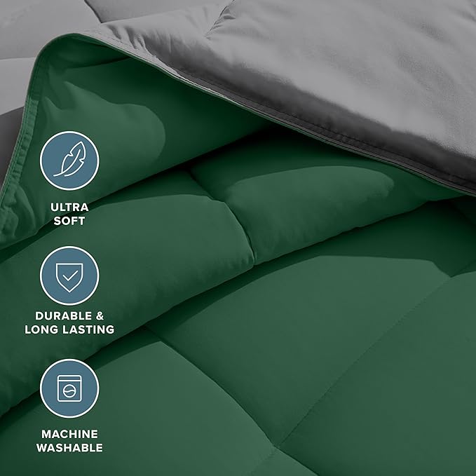 Bare Home King/California King Comforter - Reversible Colors - Goose Down Alternative - Ultra-Soft - Premium 1800 Series - All Season Warmth - Bedding Comforter (King/Cal King, Grey/Forest Green)