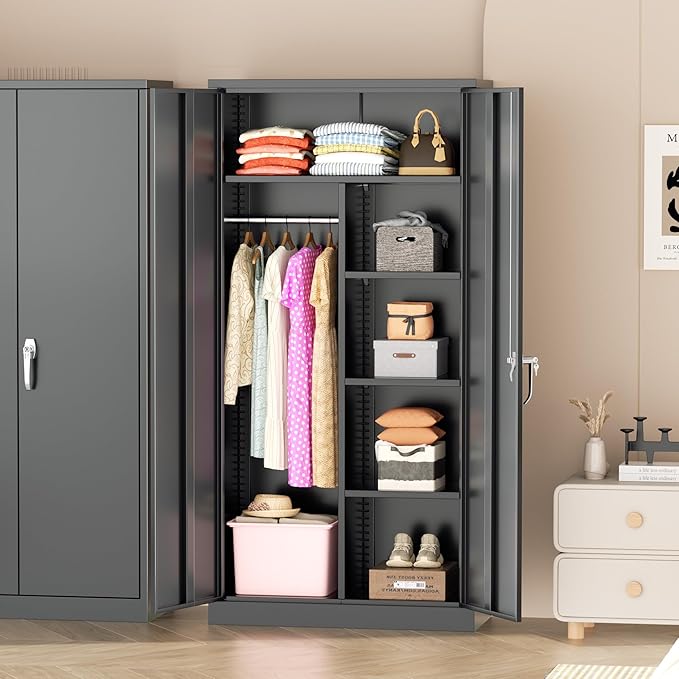 Greenvelly Metal Wardrobe Cabinet with Locking Doors, 72"H Black Metal Wardrobe Closet with Hanging Rods and Adjustable Shelves, Clothing Storage Closet for Home, Office, Employee, Gym (18" D x 36” W)