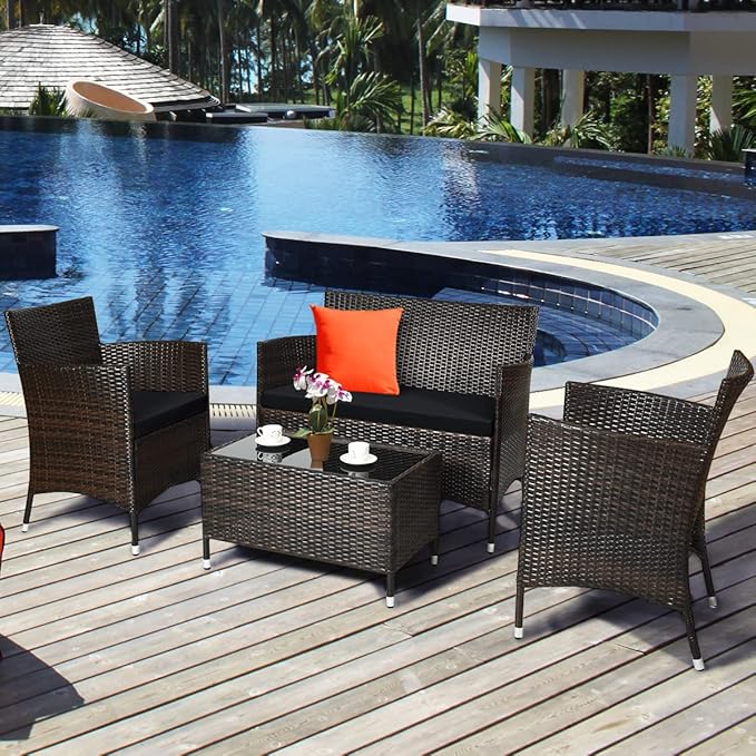 COSTWAY 4PCS Rattan Patio Furniture Set, Outdoor Wicker Rattan Chairs with Coffee Table, Rattan Cushioned Conversation Set for Backyard Balcony Porch Poolside, Black