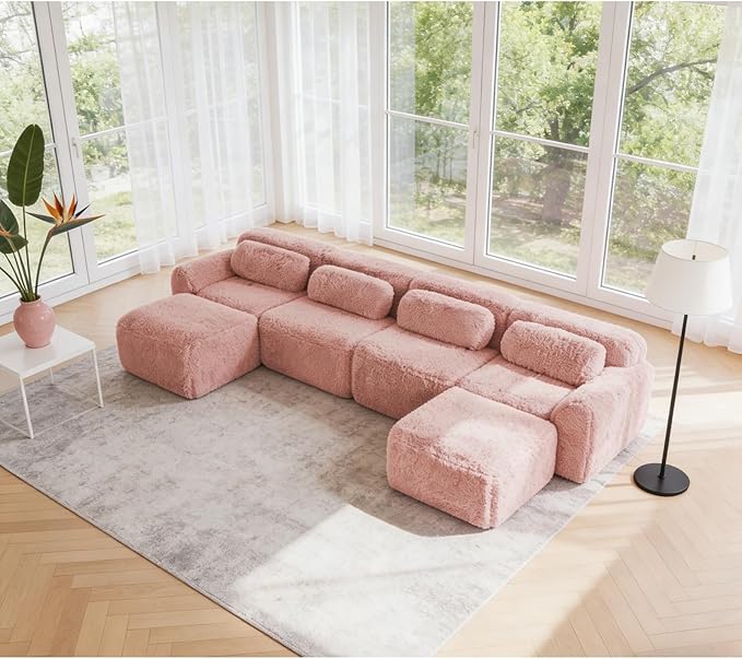 149" Modular Sectional Sofa, Modern Sectional Couch, U-Shape Boneless Couch for Living Room Apartments Bedroom, 32D High Density Sponge Lounge Sofa, No Assembly Required, Pink