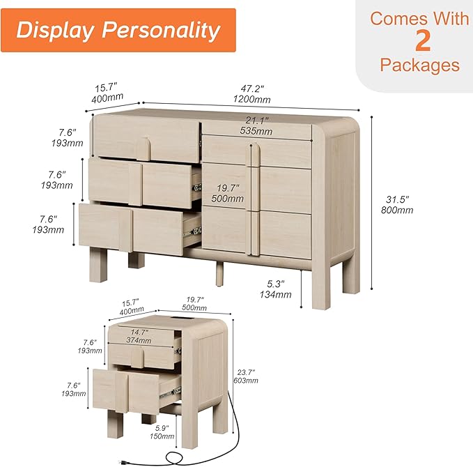 WAMPAT Dresser and Nightstand Sets, 47.2" W Mid Century Modern Chest of Drawers, Wood 6 Drawer Dresser & Nightstand with Charging Station, Curved Profile Design, Beige