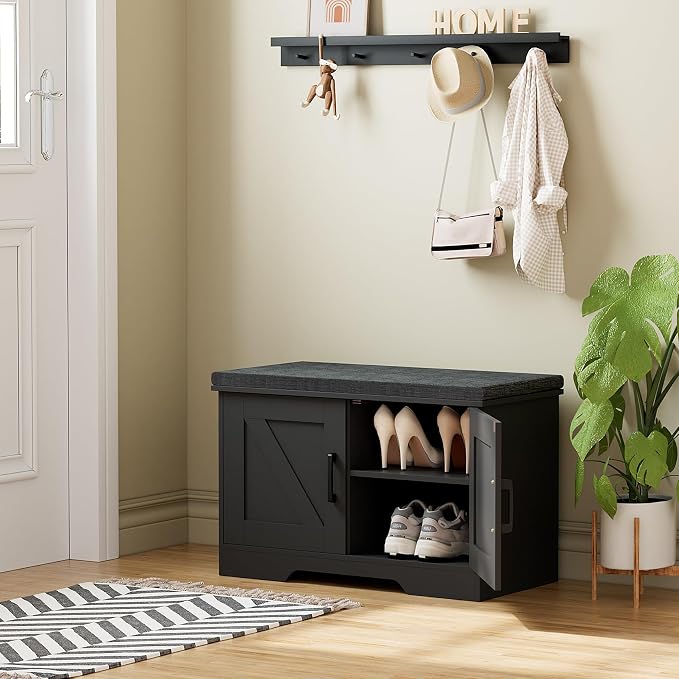 HOMSHO 2-Tier Storage Bench, 27.6" Wide Shoe Bench with Padded Seat Cushion, Entryway Bench with 2 Barn Doors and Adjustable Shelf, Black - Image 2