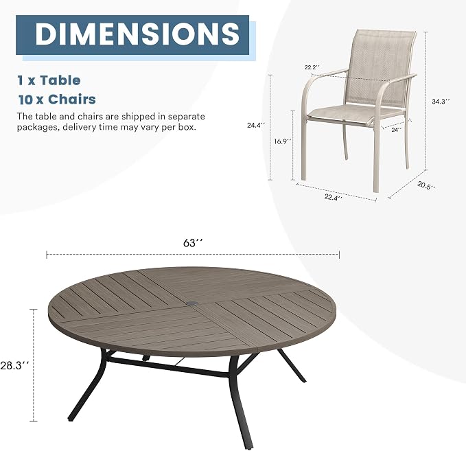 DIFY 11 Pieces Outdoor Patio Dining Set for 10, 63" Grey Wood-Like Round Metal Patio Table and 10 Sandshell Stackable Textilene Patio Chairs, Outdoor Table and Chairs for Backyard Garden Poolside - Image 8