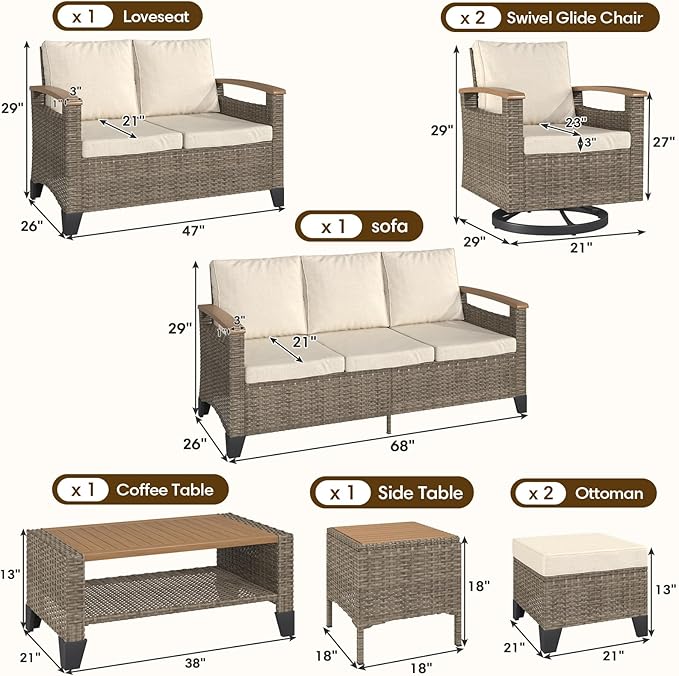 MELLCOM 8 Piece Patio Furniture Set, Wicker Patio Conversation Set with Swivel Glider, Loveseat Sofa, 3 Seat Sofa, 2 Ottomans, Side Table and Coffee Table for Deck Backyard - Brown Wicker Grey Cushion
