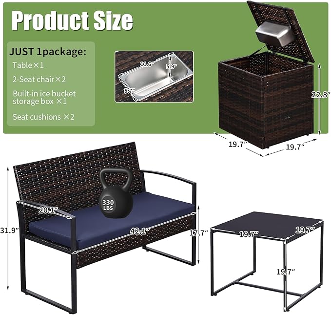 FHFO 4 Piece Outdoor Patio Furniture Set with Built-in Beverage Cooler Storage Box, Wicker Conversation Sets Patio Outdoor Loveseats & Coffee Table for Outside, Garden, Balcony, Porch, Brown/Blue