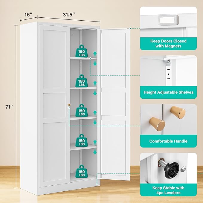SISESOL 71" Tall Pantry Cabinet with 2 Doors and 5 Shelves,Kitchen Pantry Storage Cabinets,White Metal Storage Cabinet,Wide Deep Food Cupboard for Home,Kitchen,Dining/Living Room