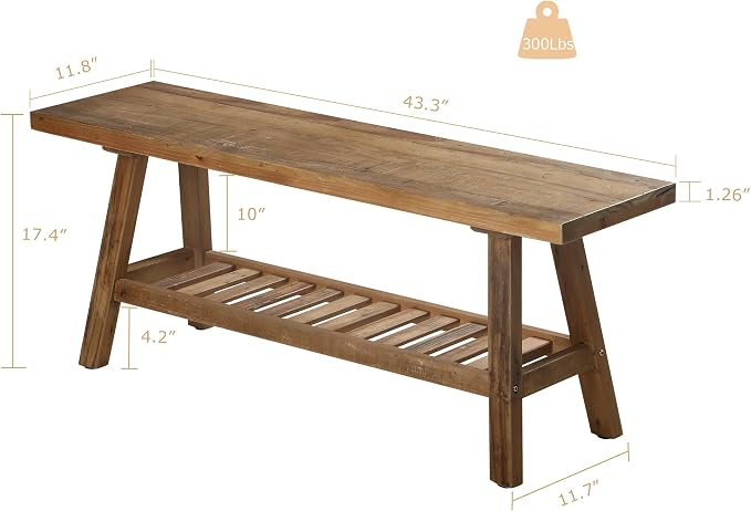 HOKYHOKY Reclaimed Solid Wood Bench-43.3" Farmhouse Entryway Bench with Storage Shelf, Narrow Rustic Bench for Hallway, Kitchen, Bedroom, Dining - Image 2