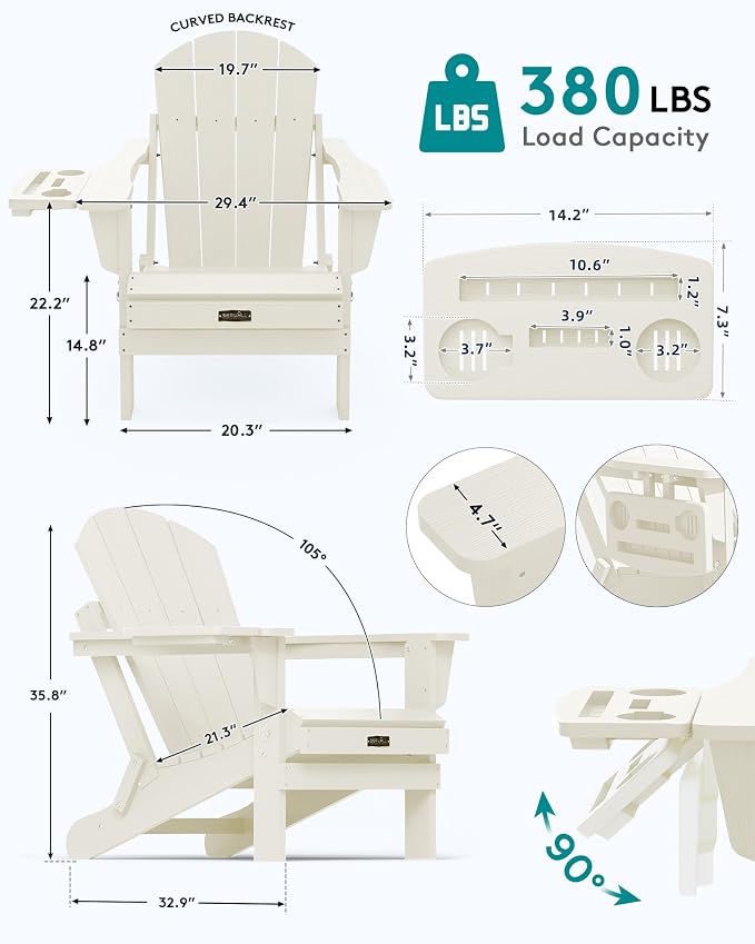 SERWALL Folding Adirondack Chair Set of 2, Adirondack Chairs with 4 in 1 Multi-Functional Cup Holder, All Weather Patio Chair with Wood Texture, Fire Pit Chairs for Outdoor, Garden, Backyard - White - Image 2